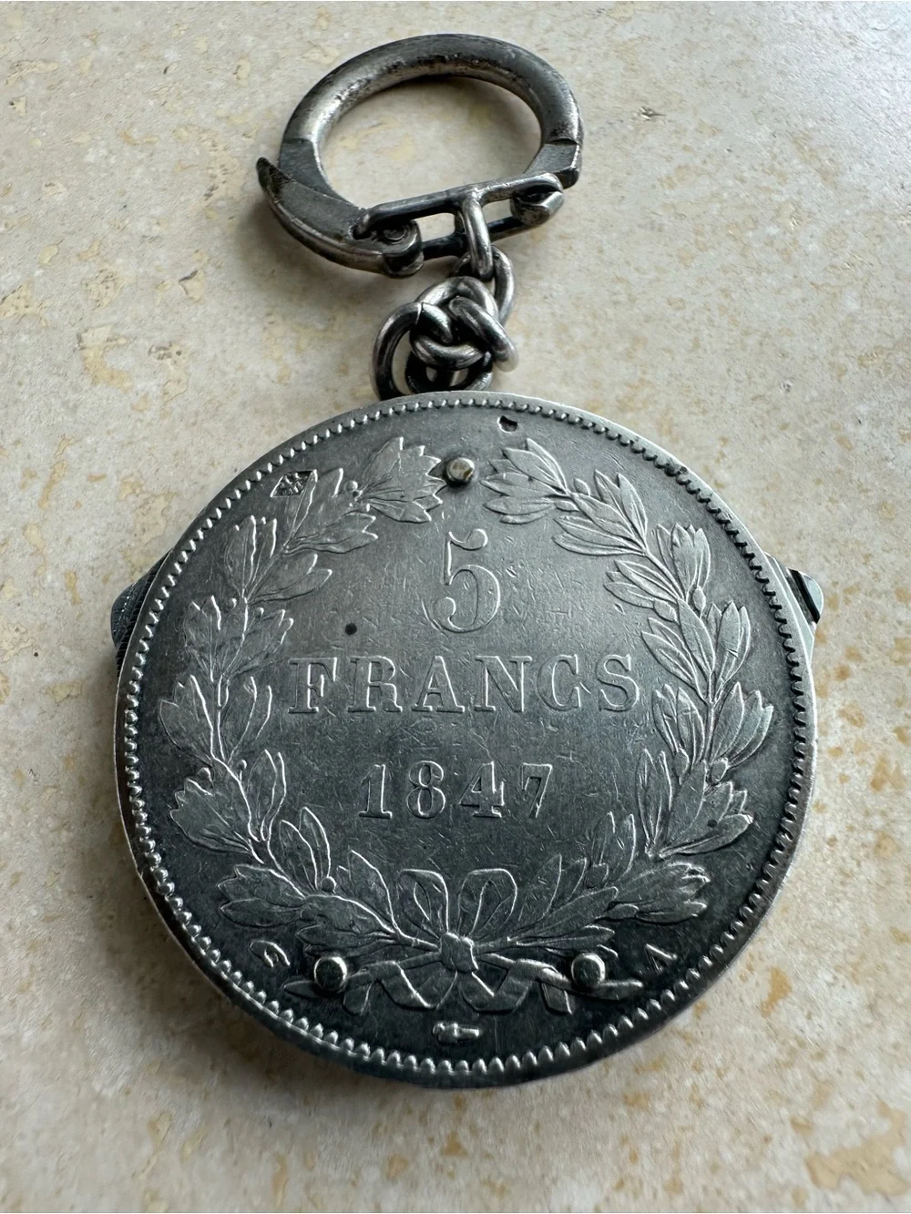 Antique French 5 francs coin mounted on pocket tool fob